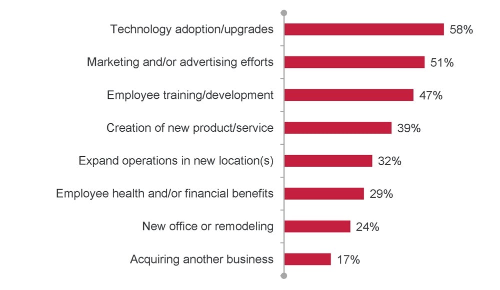 Graph showing the 8 areas; “Technology adoption and upgrades” leads at 58%, and “acquiring another business” listed last at 17%.