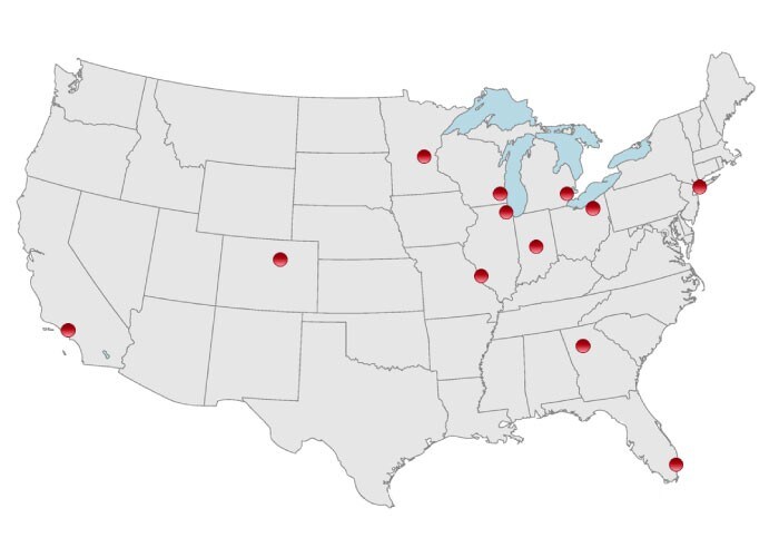 A map of the continental US showing Commercial Real Estate and Real Estate Finance locations.