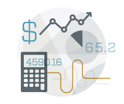 Dollar sign, calculator, line graph and pie chart