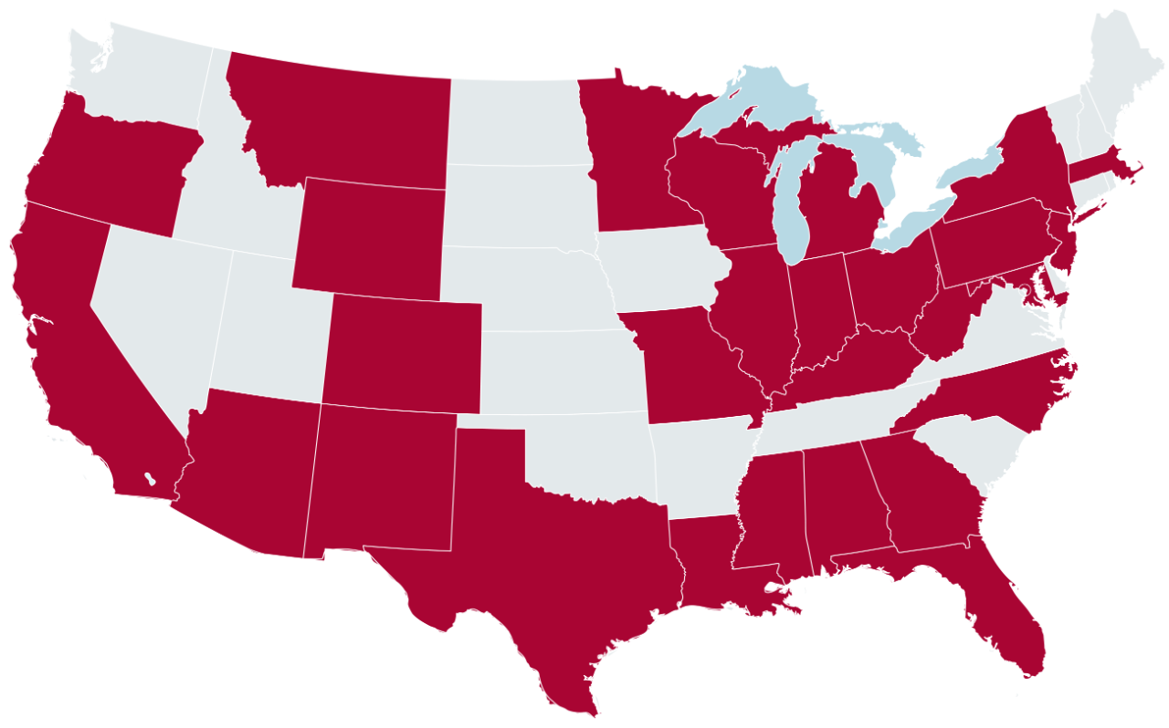 Map of the continental U.S. showing the area served by the Asset-based Lending Team